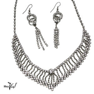 Vintage Bib Style Rhinestone Set Necklace and Pierced Dangle Earrings - Hey Viv